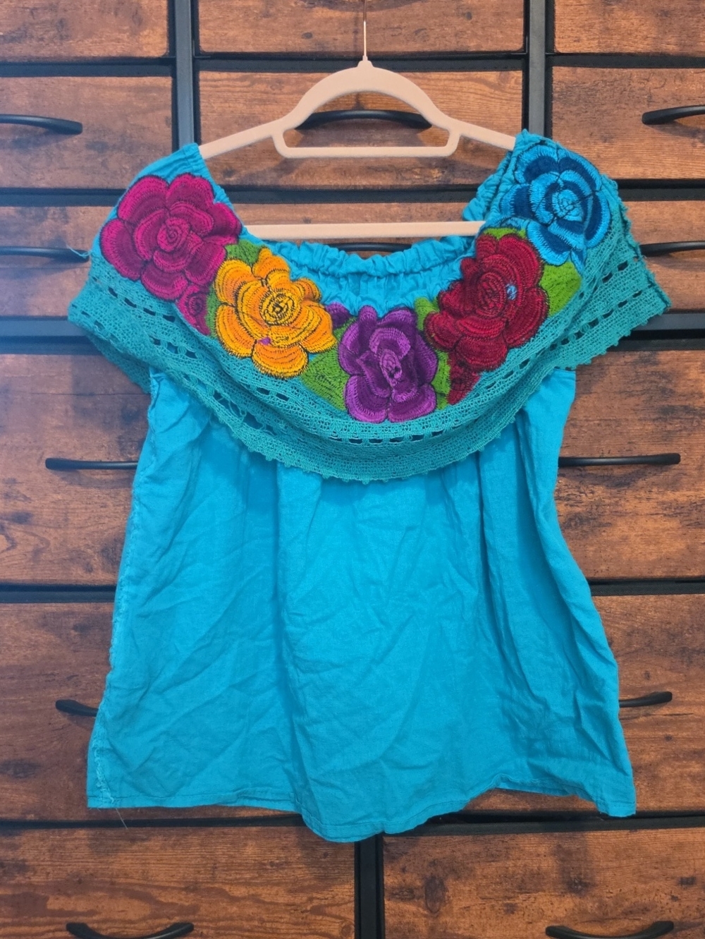 Turquoise Embroidered Off-Shoulder Floral Top